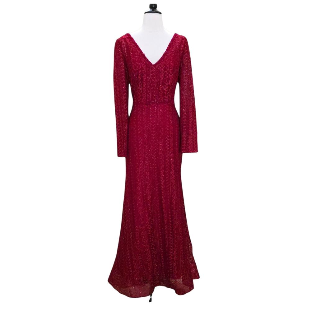 Mac Duggal 20271 Red Formal Dress Embellished Long-Sleeve Gown Burgundy 4 - Picture 2 of 11